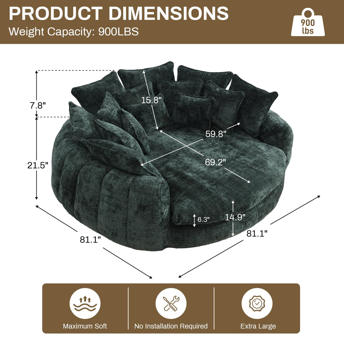 Wrofly 81.1" W Oversized Round Chaise Lounge, Fluffy Lazy Bean Bag Sofa with 14 Pillows, Comfy Chenille Upholstered Barrel Sleeper Bed, Modern Deep Seat Cloud Couch for Living Room, Emerald