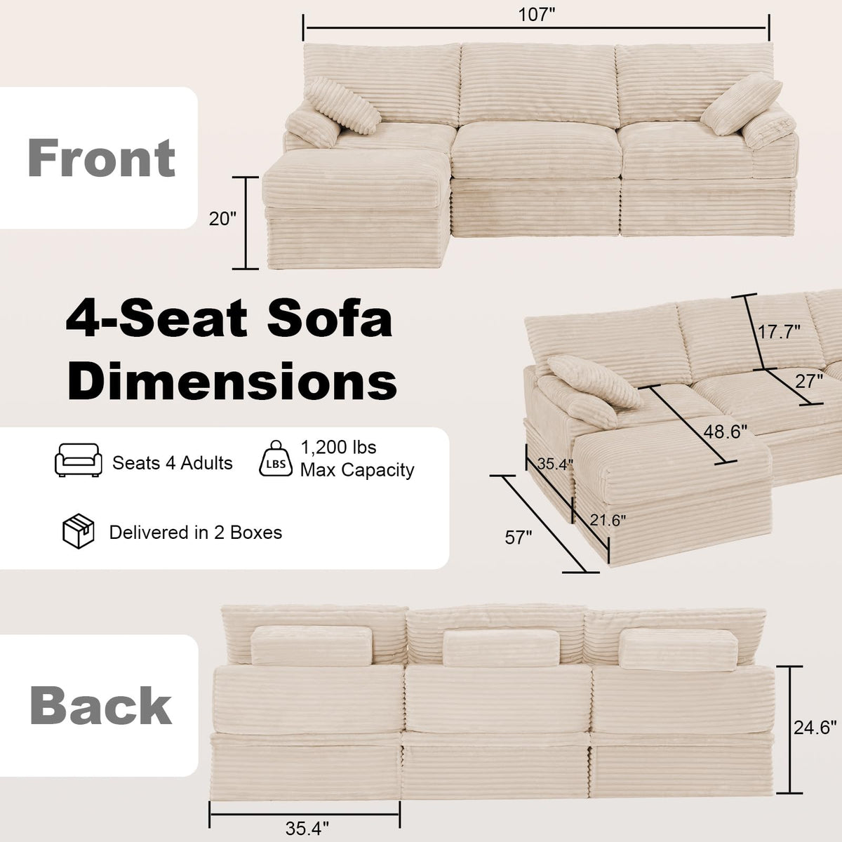 107'' Modular Sectional Sofa with Storage, L-Shaped Boneless Couch