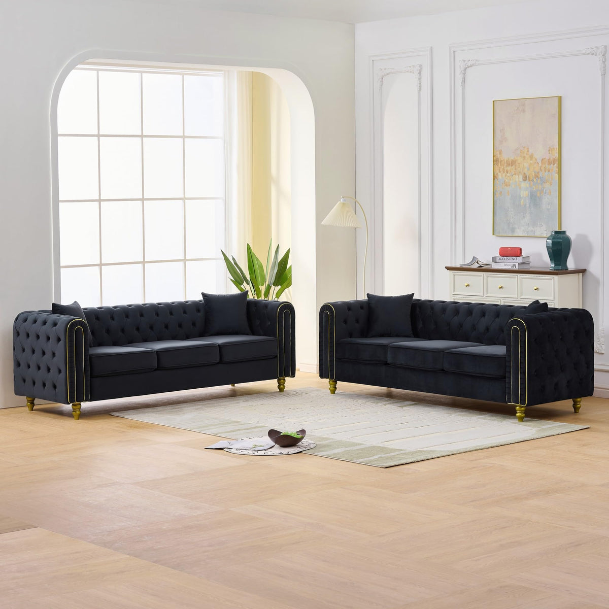 Velvet Chesterfield Sofa Set of 2, Mid Century Modern Deep Seat Loveseat + 3 Seater Couch with Golden Legs and Button Tufted, Upholstered Comfy Sofa with 2 Pillows for Living Room, Black Gold