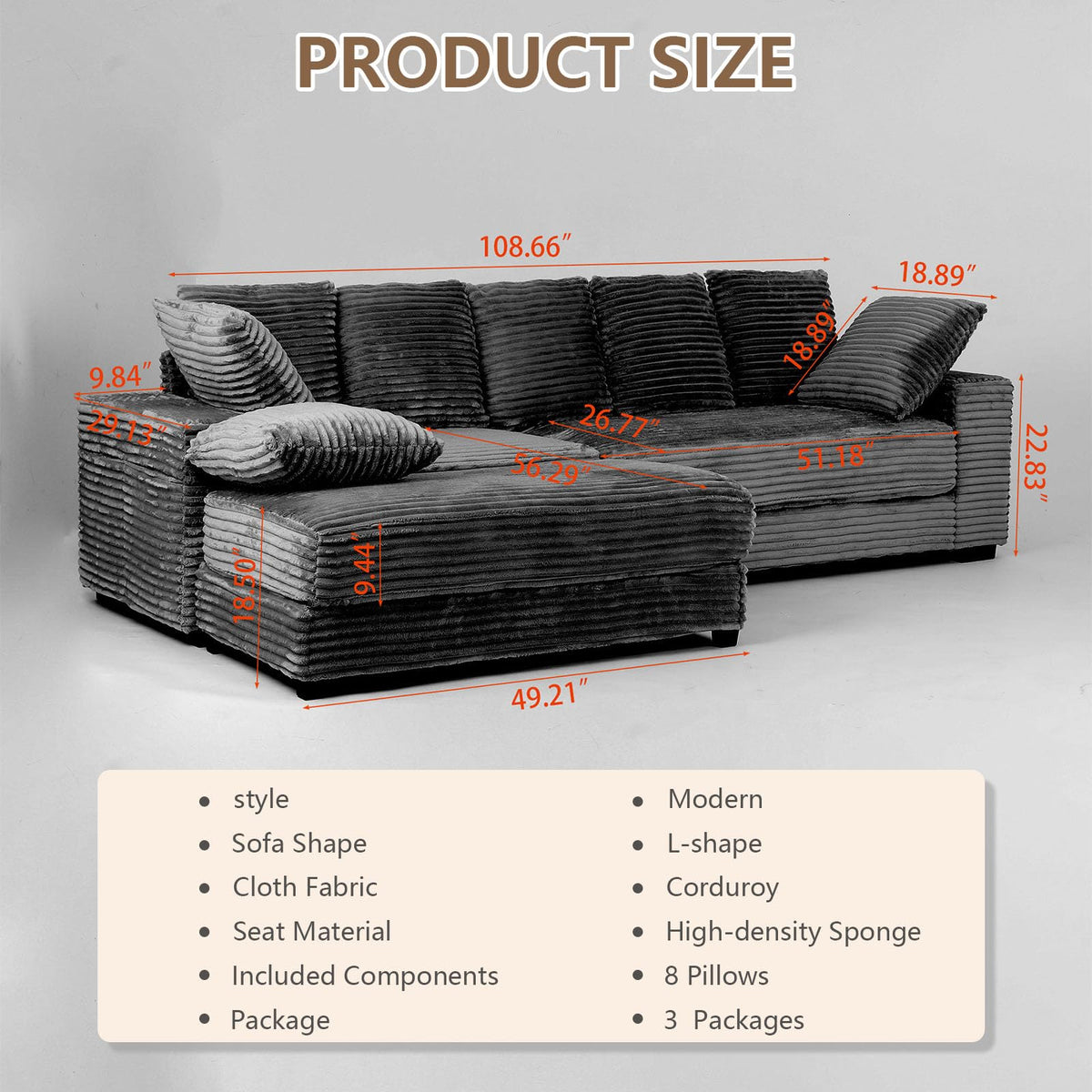 108.6" Sectional Sofa with Storage Ottoman,Modern Cloud Couch with Deep Seat, Modular Sectional Couches for Living Room, Apartment, Office Black