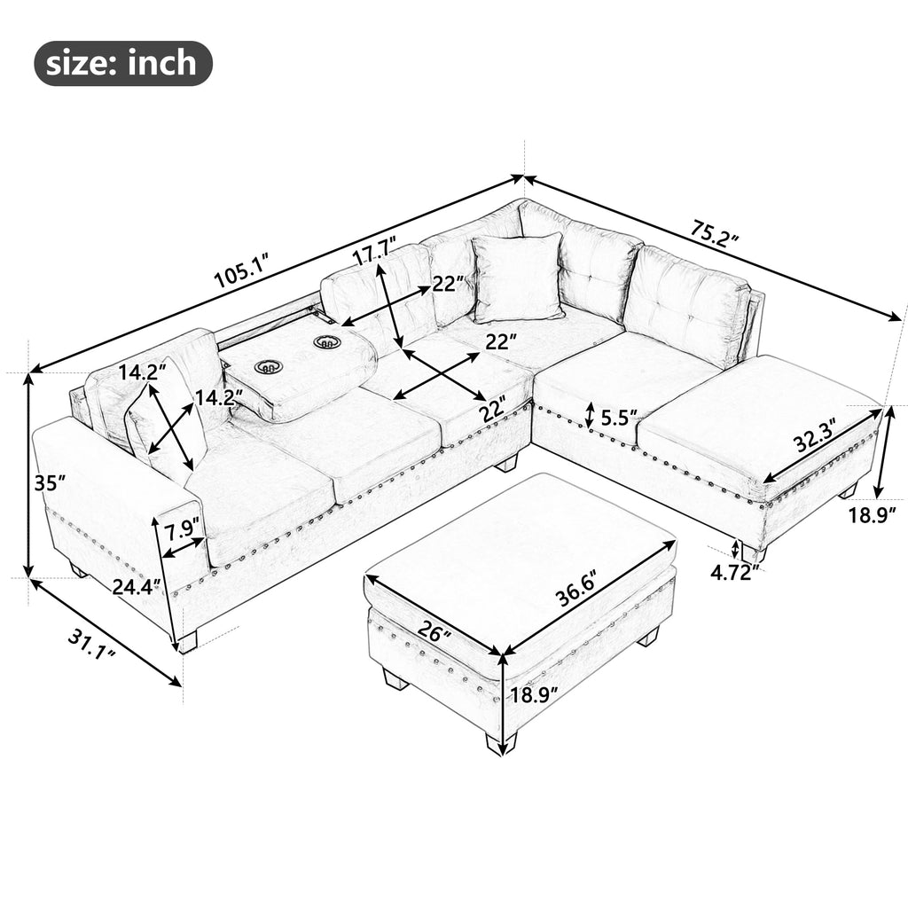 Velvet Sectional Sofa with Storage Ottoman Reversible Chaise L Shape Couch Modern Upholstered Sofa with Rivet Trim Pocket Spring Cushions Living Room Furniture 105.1" D 75.2" W, Gray