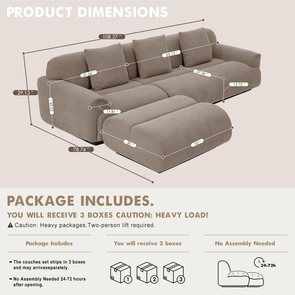 108" Curved Modular Sectional Sofa, Brown Boneless Couch with Ottoman, Corduroy Memory Foam L-Shaped Low Profile Sofa, No Assembly