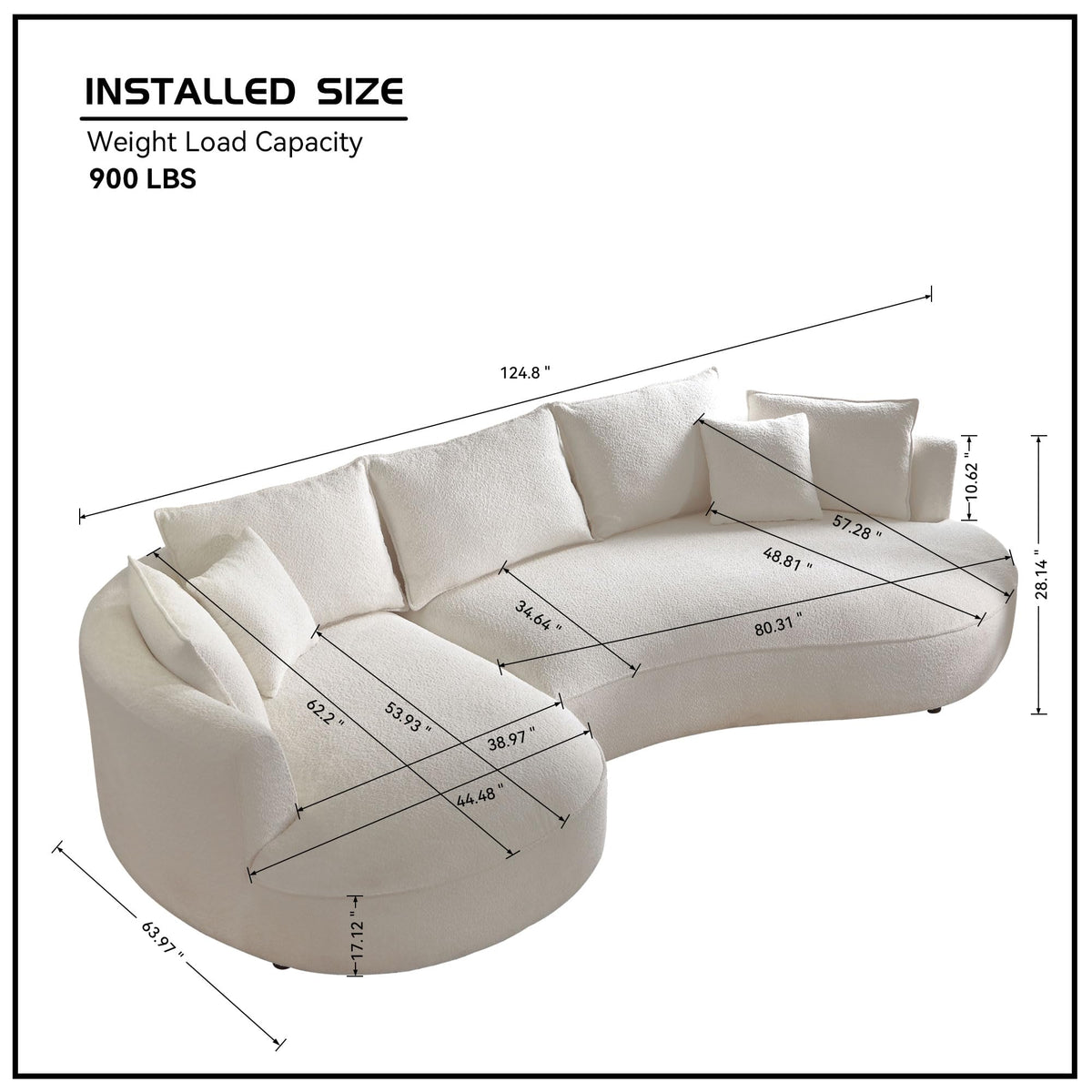 124.8" Beige Curved Boucle Sectional Sofa, 5 Seat Left Facing Chaise