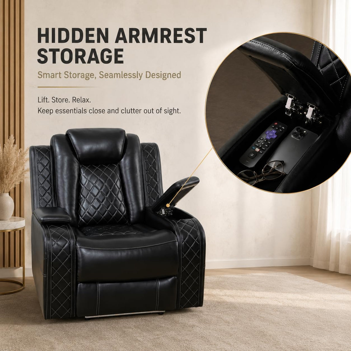 Three people Power Recliner Sofa Breathing Leather with USB Ports,LED Black