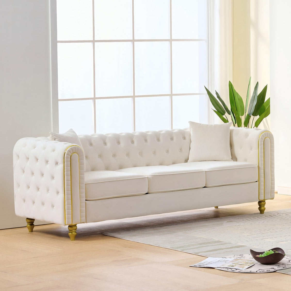 Velvet Chesterfield Sofa Set of 2, Mid Century Modern Deep Seat Loveseat + 3 Seater Couch with Golden Legs and Button Tufted, Upholstered Comfy Sofa with 2 Pillows for Living Room, Black Gold