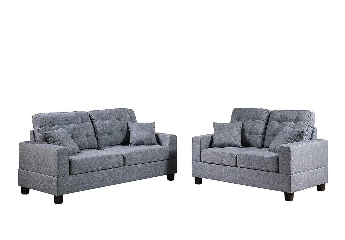 Tidyard 2pc Sofa Set Grey Polyfiber Tufted Couch with Pillows, Includes Sofa and Loveseat, Modern Living Room Furniture with Solid Wood Legs, Plush Cushion, Accent Tufting