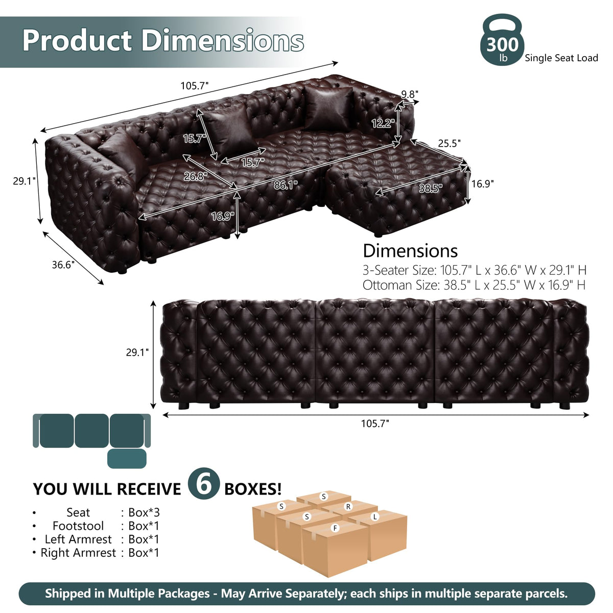106" L Shaped Faux Leather Couch, Chesterfield Sofa Set-Dark Brown