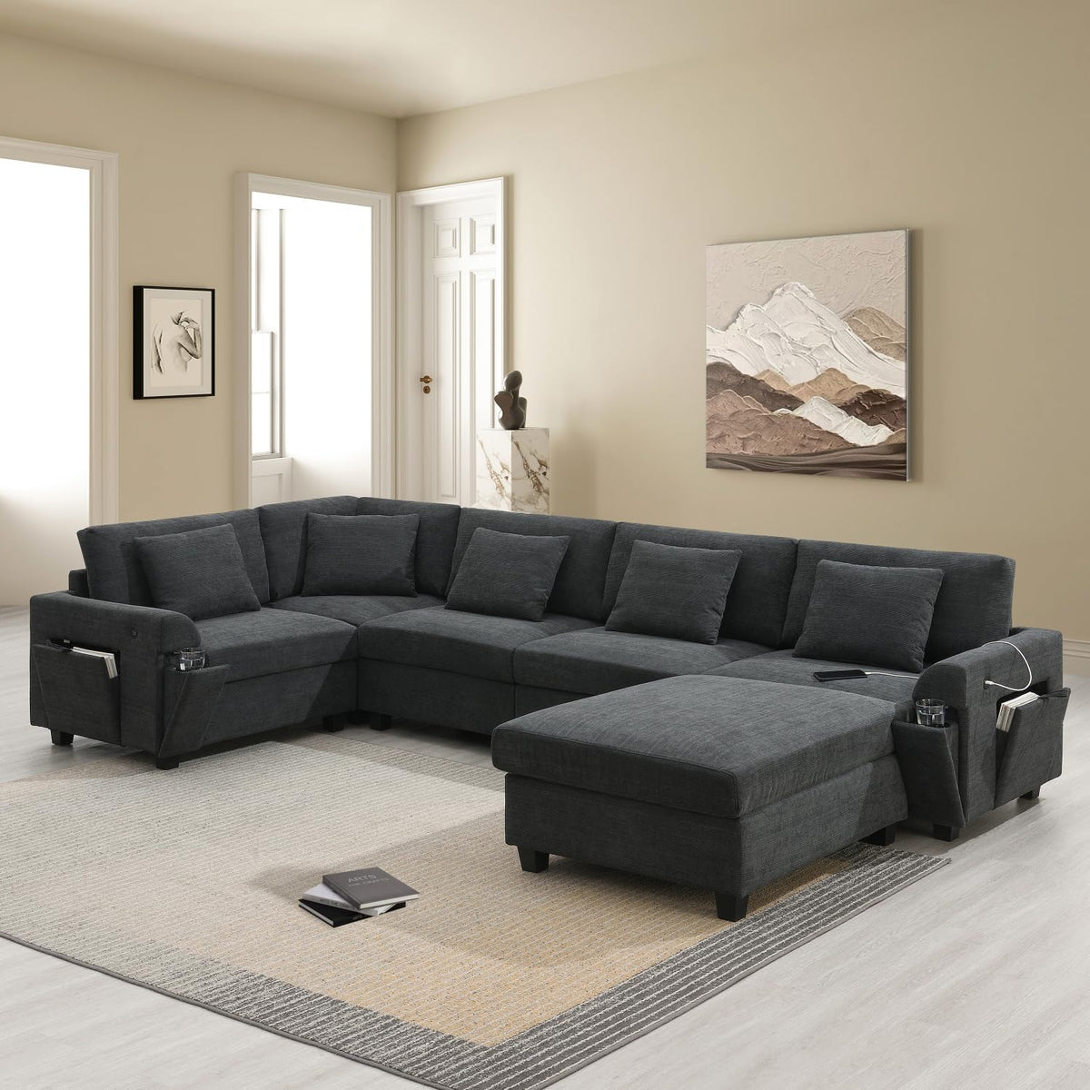 128 67" U Shaped Sectional Sofa Chenille Black Versatile Combination Options Living Room Apartment Modern