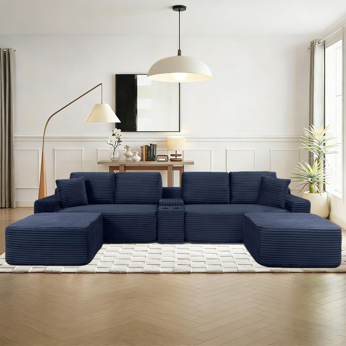 125" U Shaped Sectional Couch,Boneless Cloud Couch Featuring USB Ports,Cup Holders & Storage.Made of Corduroy Fabric and Features Two Movable Sofa Modules for Flexible Living Room Layouts. (Gray)