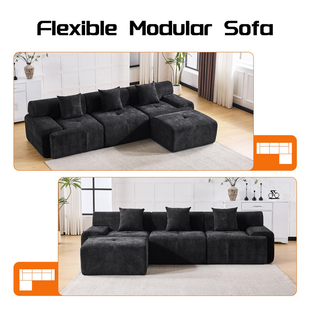 120" Cloud Couch Sectional, Boneless L-Shaped Sofa, Chenille Sofa, Black