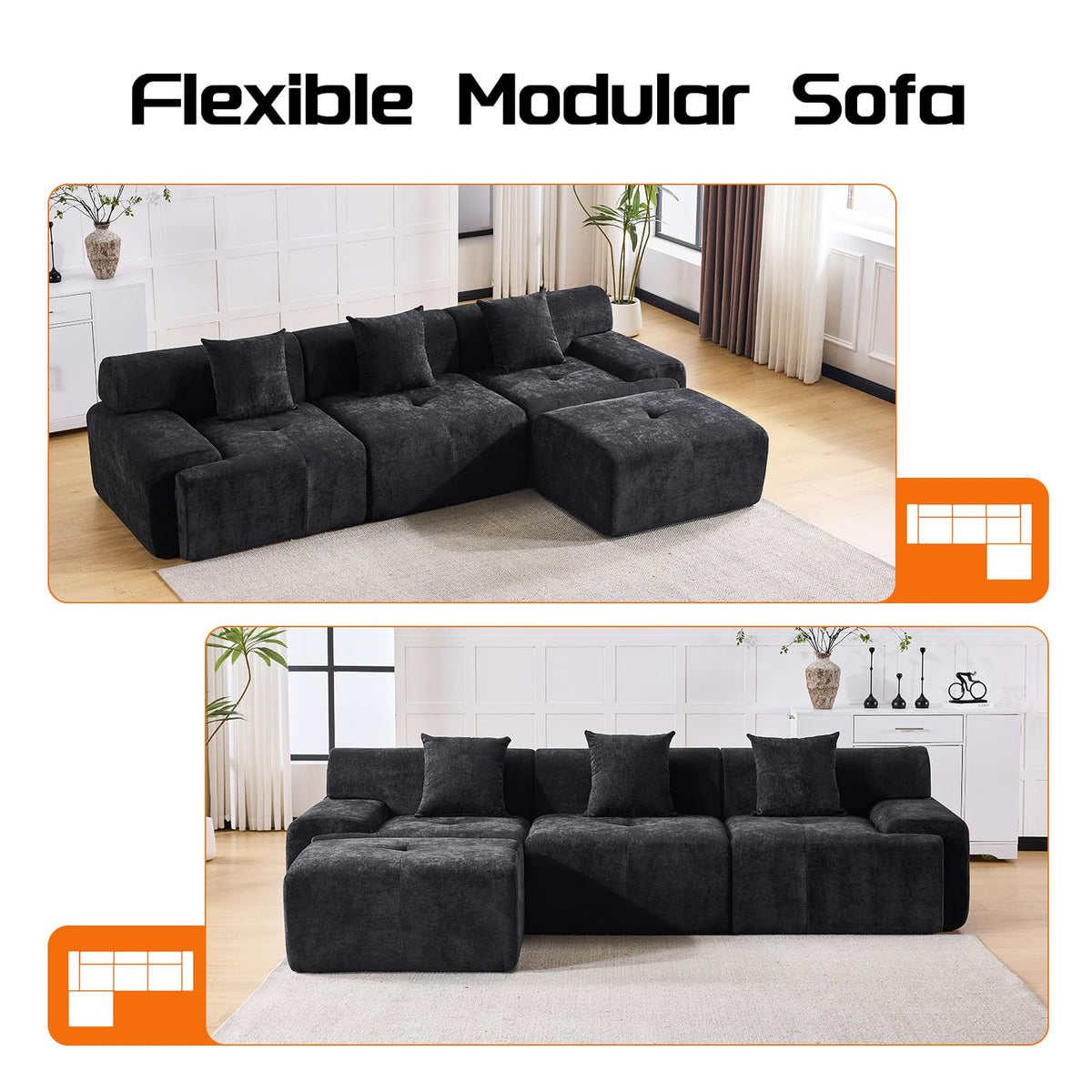 120" Cloud Couch Sectional, Boneless L-Shaped Sofa, Chenille Sofa, Black