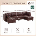 128" Faux Leather Modular Sectional Sofa with Storage, 8 Seater Waterproof & Scratch Resistant Leather Sectional Sofa, U Shaped Couch with Storage, Oversized Brown Sectional Couches for Living Room