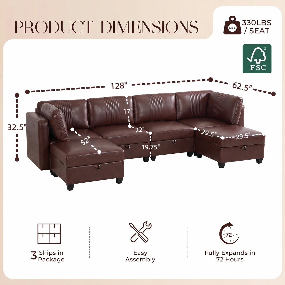 128" Faux Leather Modular Sectional Sofa with Storage, 8 Seater Waterproof & Scratch Resistant Leather Sectional Sofa, U Shaped Couch with Storage, Oversized Brown Sectional Couches for Living Room