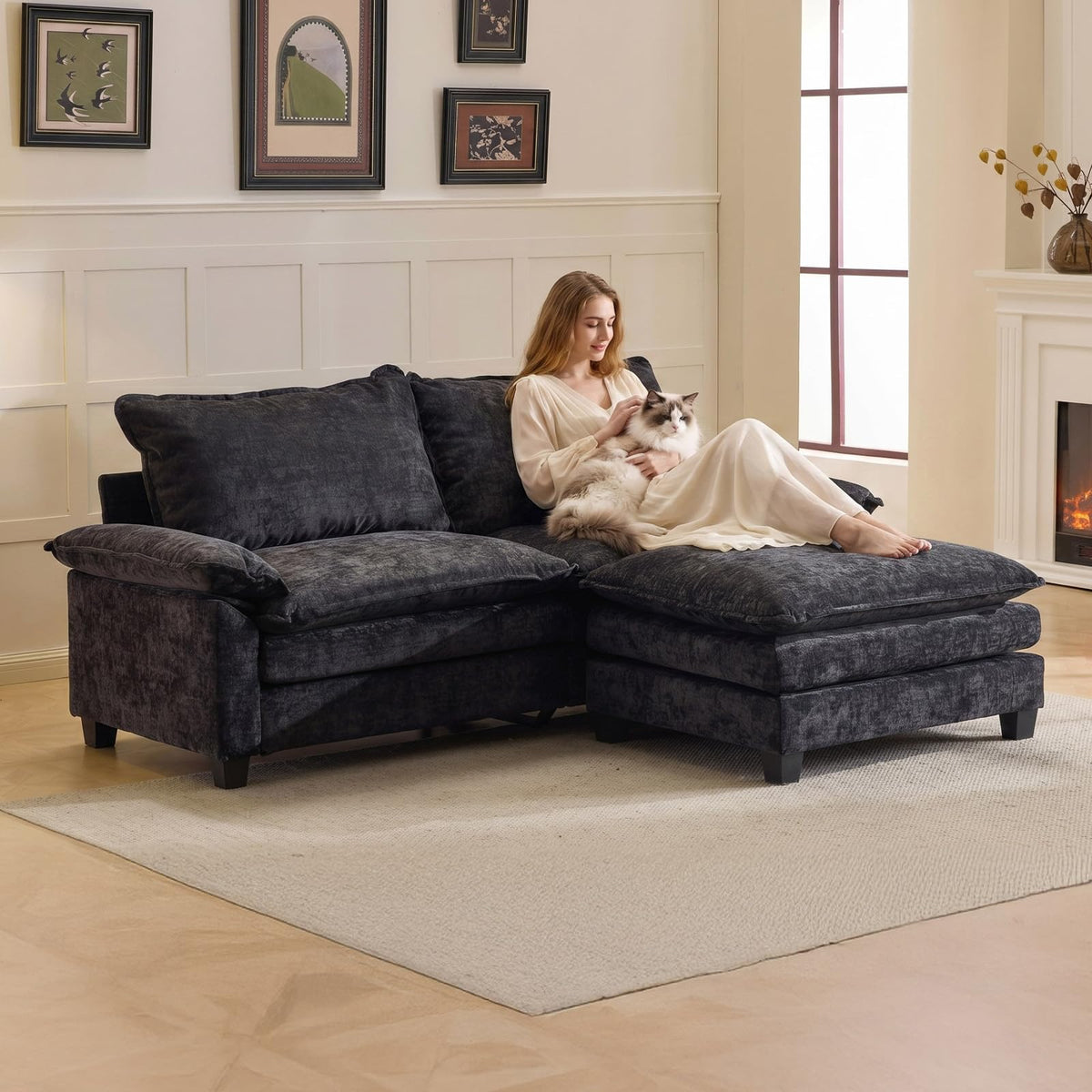 VINGLI 122" Chenille Double Layer Sofa Couch with 1 Ottoman, L-Shaped Sectional Cloud Couch for Small Spaces, Modern 3-Seater Sofa Set for Living Room & Apartment, Olive Green