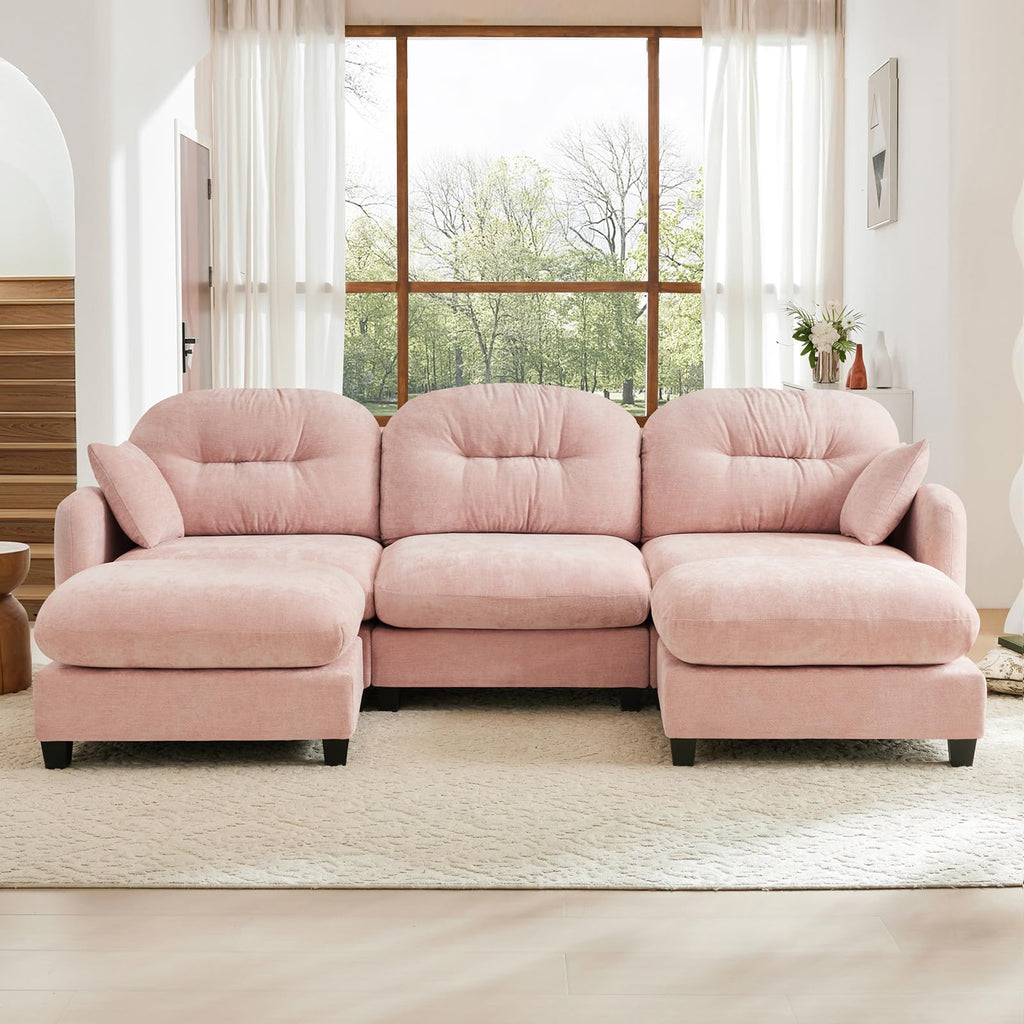 107" L Shaped Couch, Chenille Upholstered Modular Sectional Sofa, 3 Seater Deep Seat Sofa with Movable Ottoman, Modern Cloud Couch with Thick Seat Cushion, Sectional Couches for Living Room, Pink