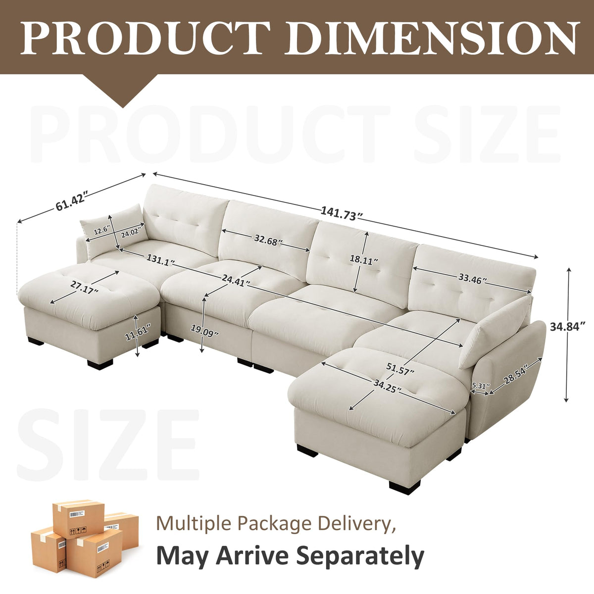 VANOMi Cloud Sectional U-Shaped Couch, 141" W Chenille Modular Sofa, Beige