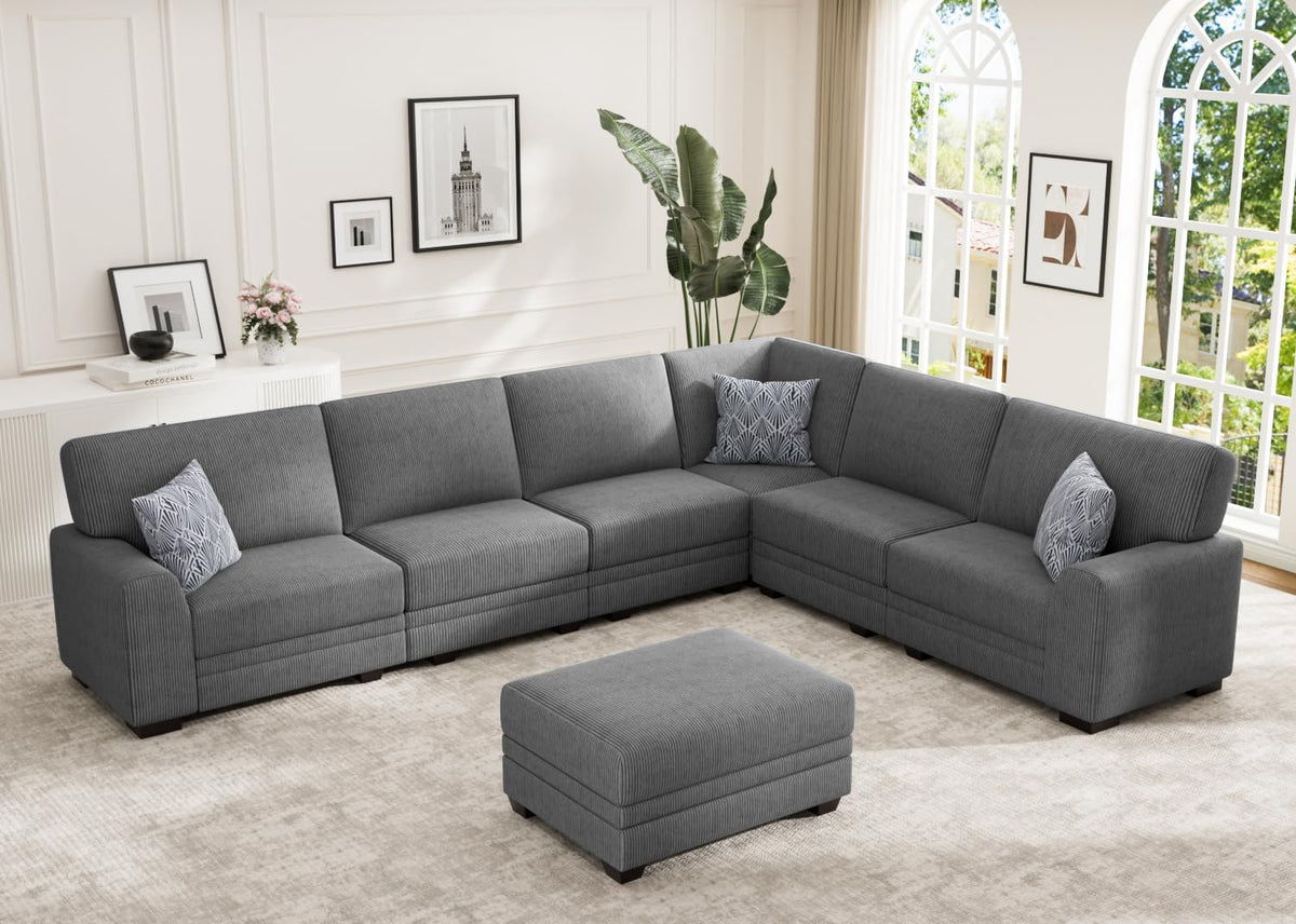 Wanderwell Oversized Modular Sectional Sofa, 6-Seater U Shaped Couches with Movable Ottoman,Corduroy Sectional Couch with Wide and Deep Seats Suitable for Living Room,Bedroom,Apartment (Olive, L-7)