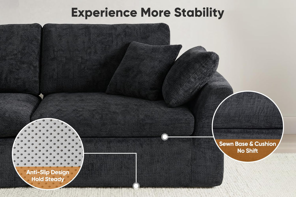 127" Cloud Sofa, U-Shape 3-Seater Modular Couch with 2 Ottomans, Black