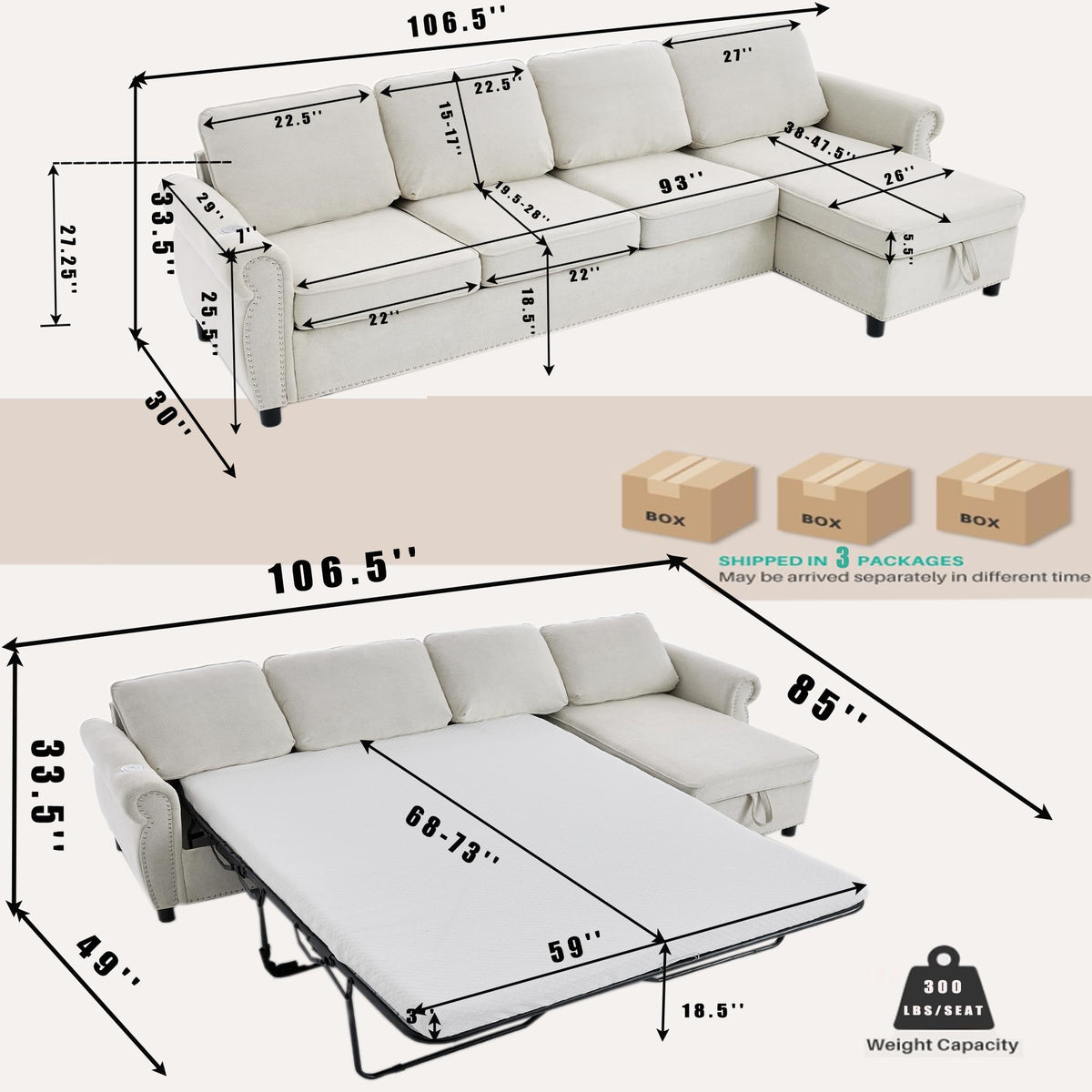106'' Flannelette Fabric L Shaped 4 Seater Modular Sleeper Couch, 2-in-1 Pull Out Sofa Bed with USB Charging Ports, Memory Foam Mattress, and Storage Chaise for Living Room (Beige, 106'' L Shaped)