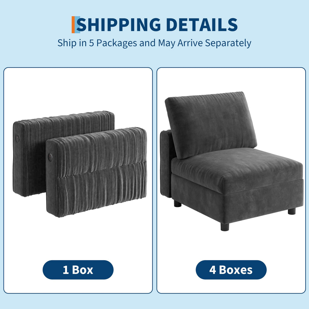 106" L-Shaped Modern Sofa Modular Sectional Cloud Couch with Charging Station, Convertible Sectional Sofa Sleeper Bed with USB/Type-C Port, Removble Chaise Sofa for Living Room, Apartment, Grey Velvet