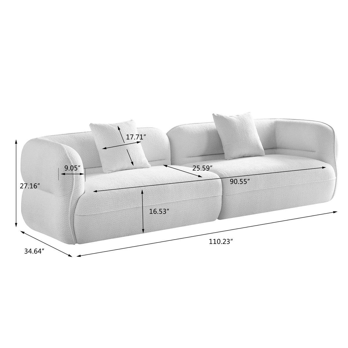 110" Modern Sofa Couch 3-Seater Deep Seat for Living Room, Camel