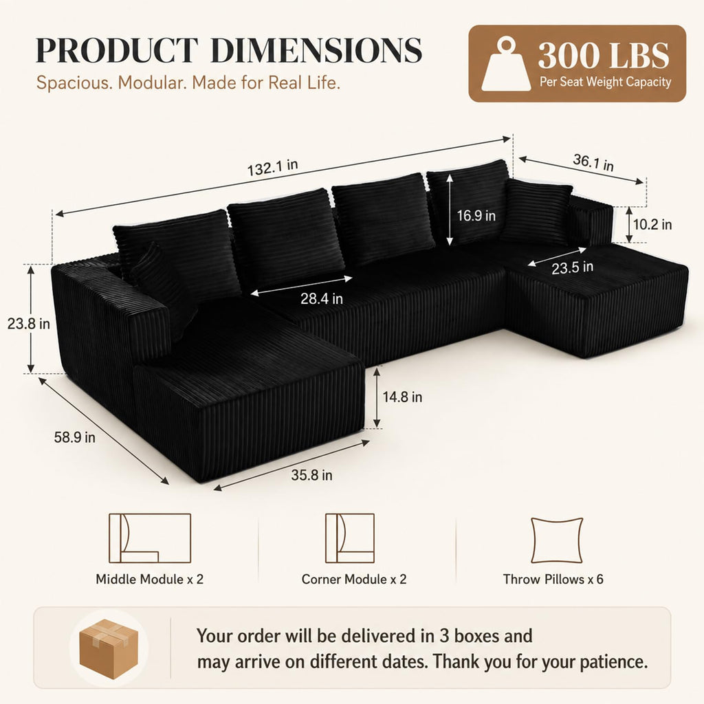 132" U Shaped Modular Boneless Sectional Couch, Corduroy Cloud Sofa