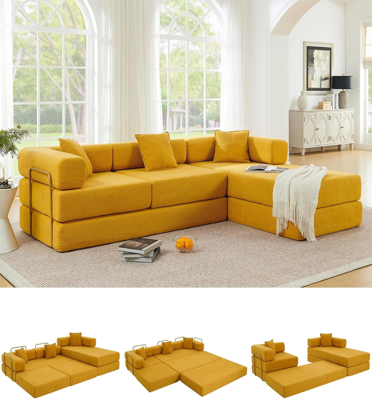 108" Convertible Folding Sofa Bed, L Shaped Modular Sectional Couchs with Fixed-Shape Frame, Corduroy Boneless Couch Bed, Cloud Mattress Sofa Sleeper Couch for Living Room (Beige, 108" W)
