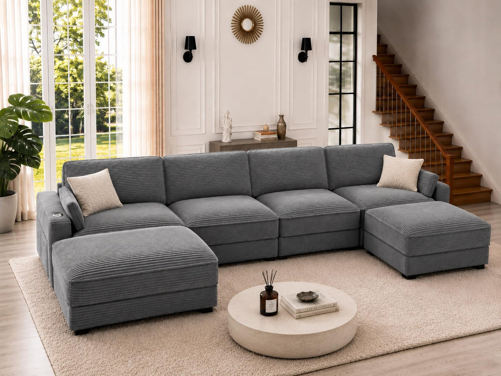 Vipbear 120" Modular Sectional L Shaped Sofa Couches for Living Room,3 Seat with 1 Movable Ottoman,Comfy Corduroy Sofa with USB Port,Side Pocket,Pillow,Green