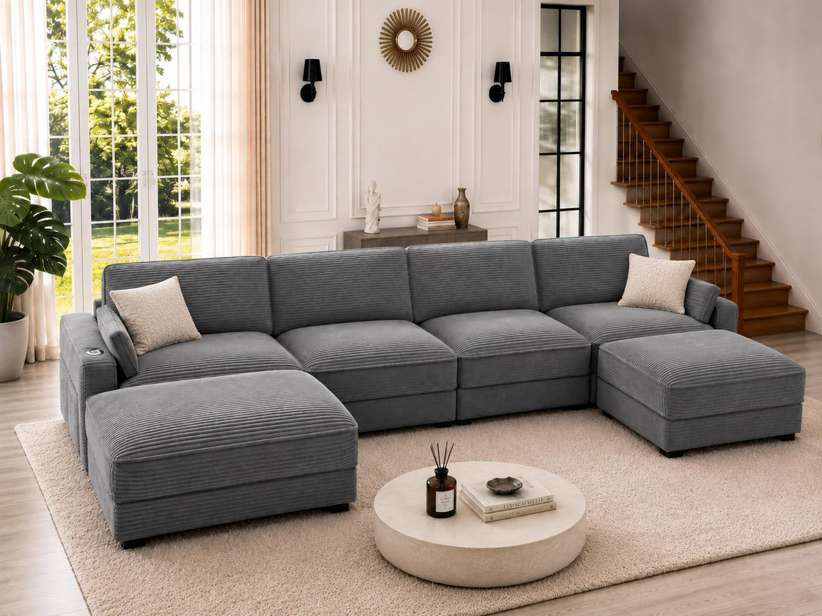 Vipbear 120" Modular Sectional L Shaped Sofa Couches for Living Room,3 Seat with 1 Movable Ottoman,Comfy Corduroy Sofa with USB Port,Side Pocket,Pillow,Green