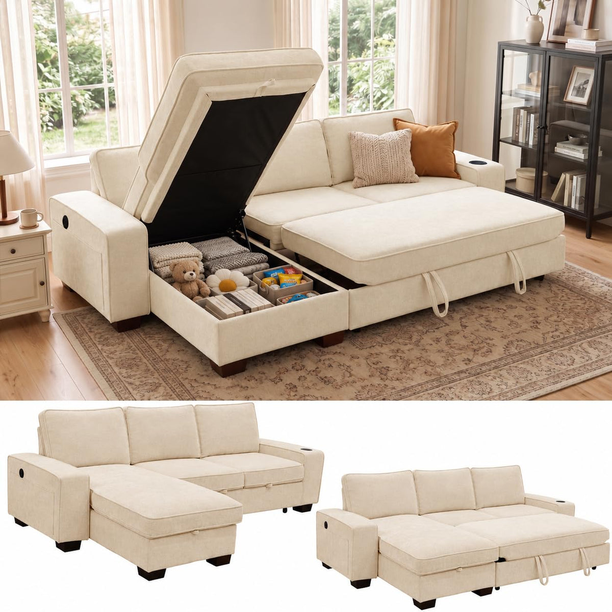 100" L-Shaped Sectional Sleeper Sofa Bed with Storage Chaise, Beige