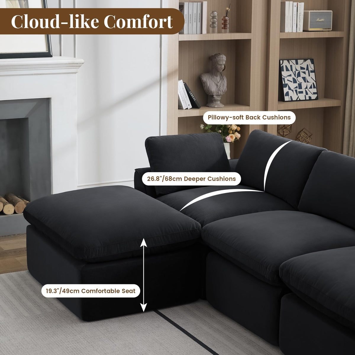 U Shaped Sectional Sofa, 141 in Cloud Couch, Black