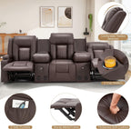 YODOLLA Reclining Loveseat Sofa with Dual Center Console, 4 Cup Holders, 2 Side Pockets, Manual Wall Hugger Recliner Couch for RV and Living Room, Faux Leather Brown