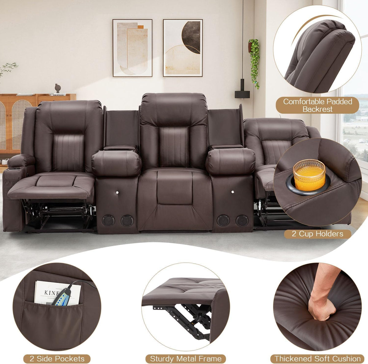 YODOLLA Reclining Loveseat Sofa with Dual Center Console, 4 Cup Holders, 2 Side Pockets, Manual Wall Hugger Recliner Couch for RV and Living Room, Faux Leather Brown