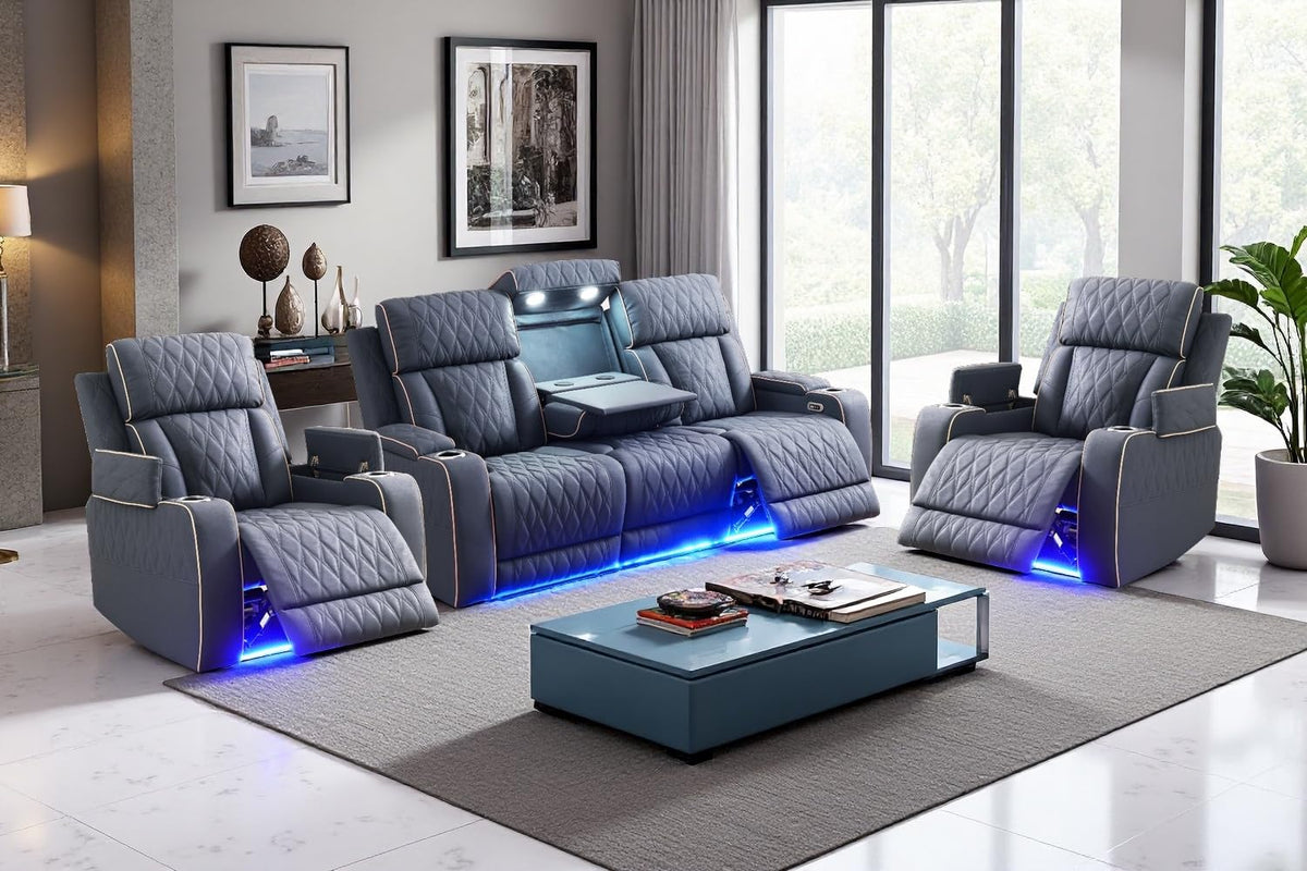 A Ainehome Power Leather Recliner Sofa Set with LED Lights, Recliner Sofa Sectional Couches for Living Room, Reclining Sofa, loveseat, Chair with USB Port/Storage Console/Cup Holder(black,3-piece set)
