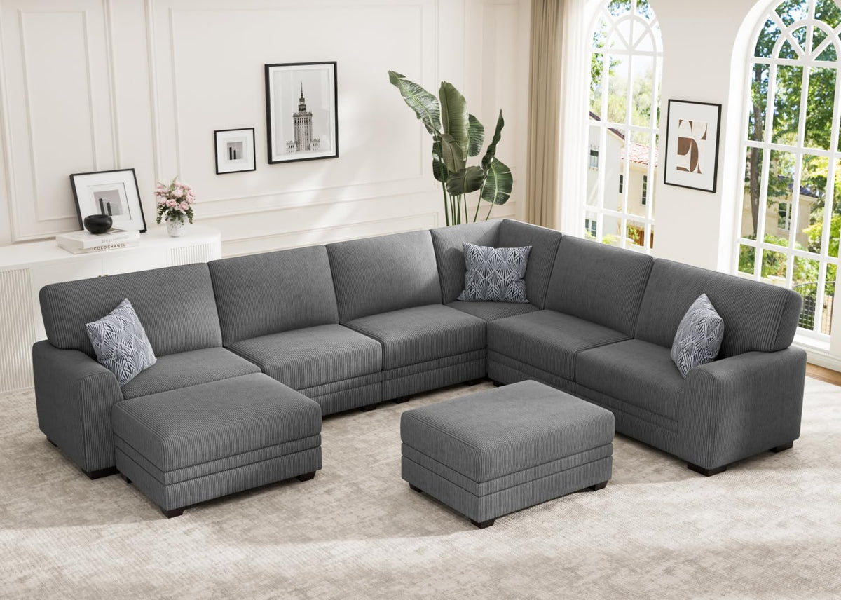 Wanderwell Oversized Modular Sectional Sofa, 6-Seater U Shaped Couches with Movable Ottoman,Corduroy Sectional Couch with Wide and Deep Seats Suitable for Living Room,Bedroom,Apartment (Olive, L-7)