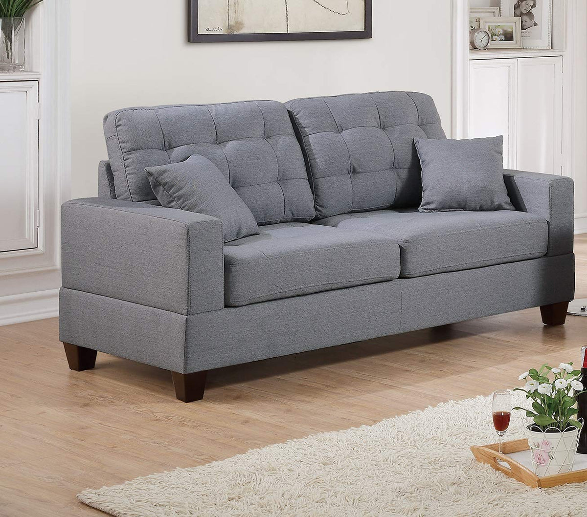 Tidyard 2pc Sofa Set Grey Polyfiber Tufted Couch with Pillows, Includes Sofa and Loveseat, Modern Living Room Furniture with Solid Wood Legs, Plush Cushion, Accent Tufting