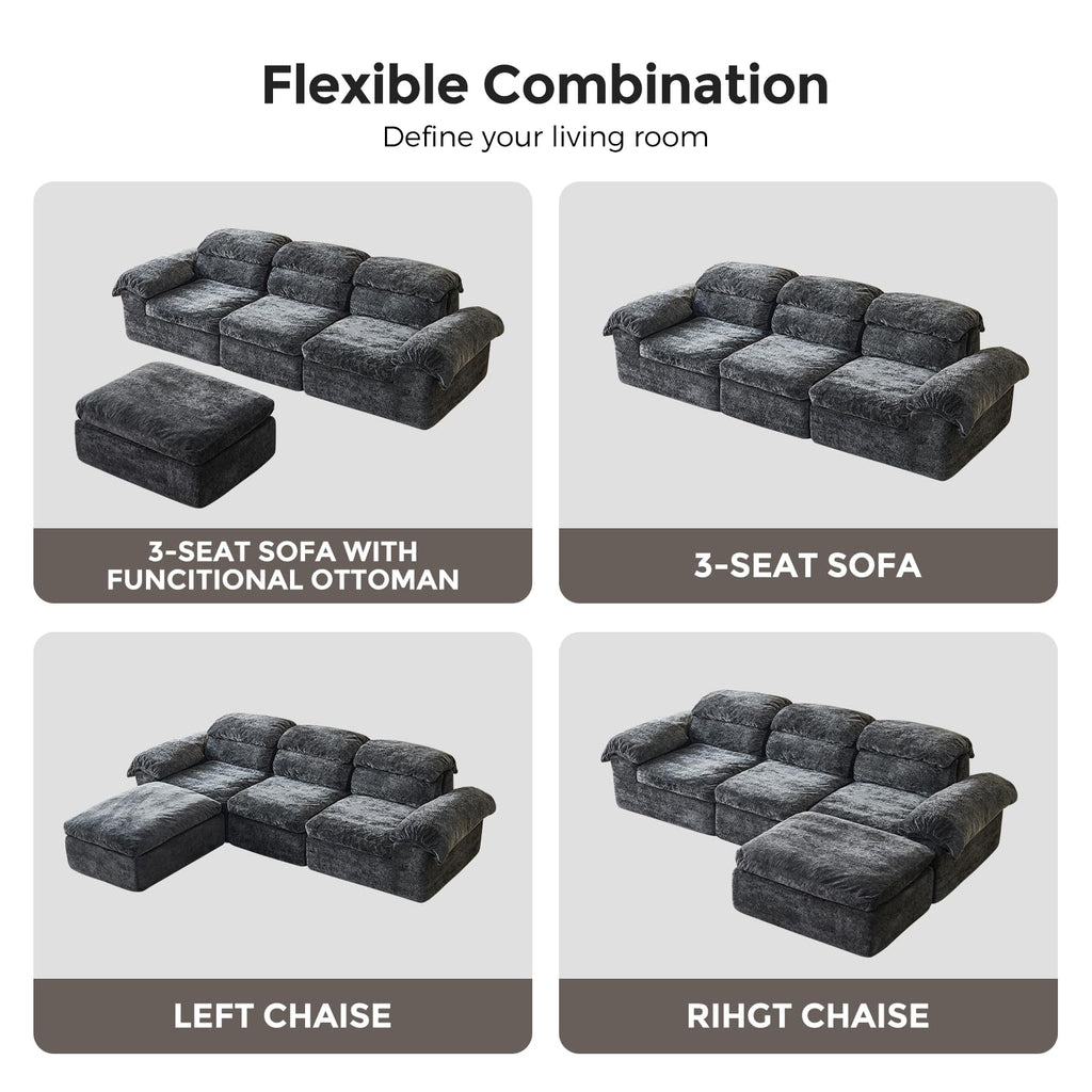 115.7" L Shaped Modular Sectional Sofa with Ottoman, Cloud Boneless Couch, Upholstered Sofa in a Box, Flexible Module Combination for Living Room, No Assembly, Grey