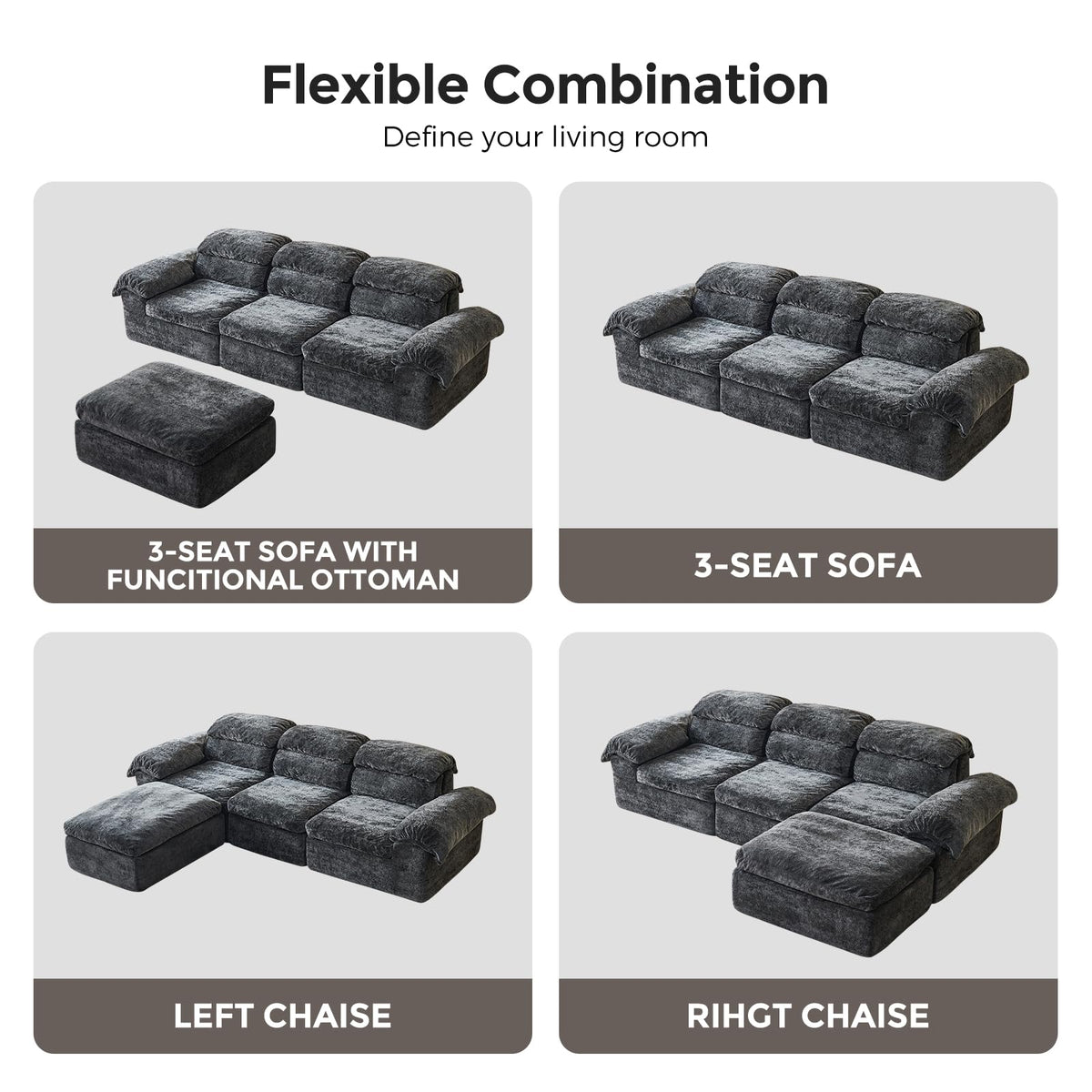 115.7" L Shaped Modular Sectional Sofa with Ottoman, Cloud Boneless Couch, Upholstered Sofa in a Box, Flexible Module Combination for Living Room, No Assembly, Grey