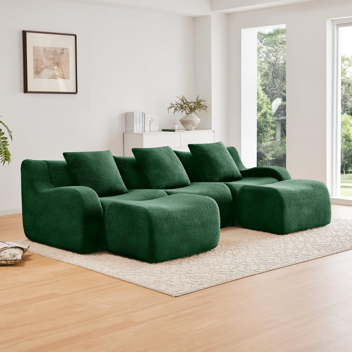 U-Shaped Teddy Fabric Sofa Green Modular Sectional Living Room Reading Nook Cozy Comfort