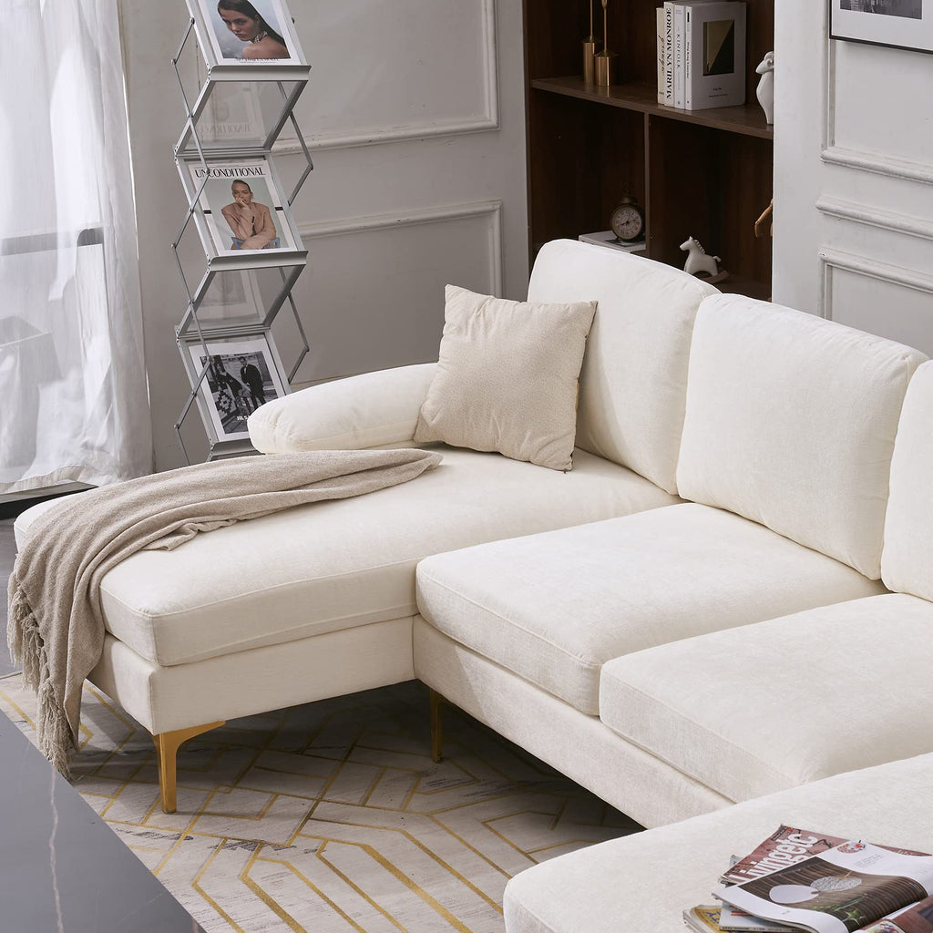 U-Shaped Sectional Sofa with Double Chaise, 113" Modern Modular 4-Seat Chenille Fabric Couch for Living Room, Comfortable Large Sofa with Gold-Plated Legs & Back Pillows, Creamy-White