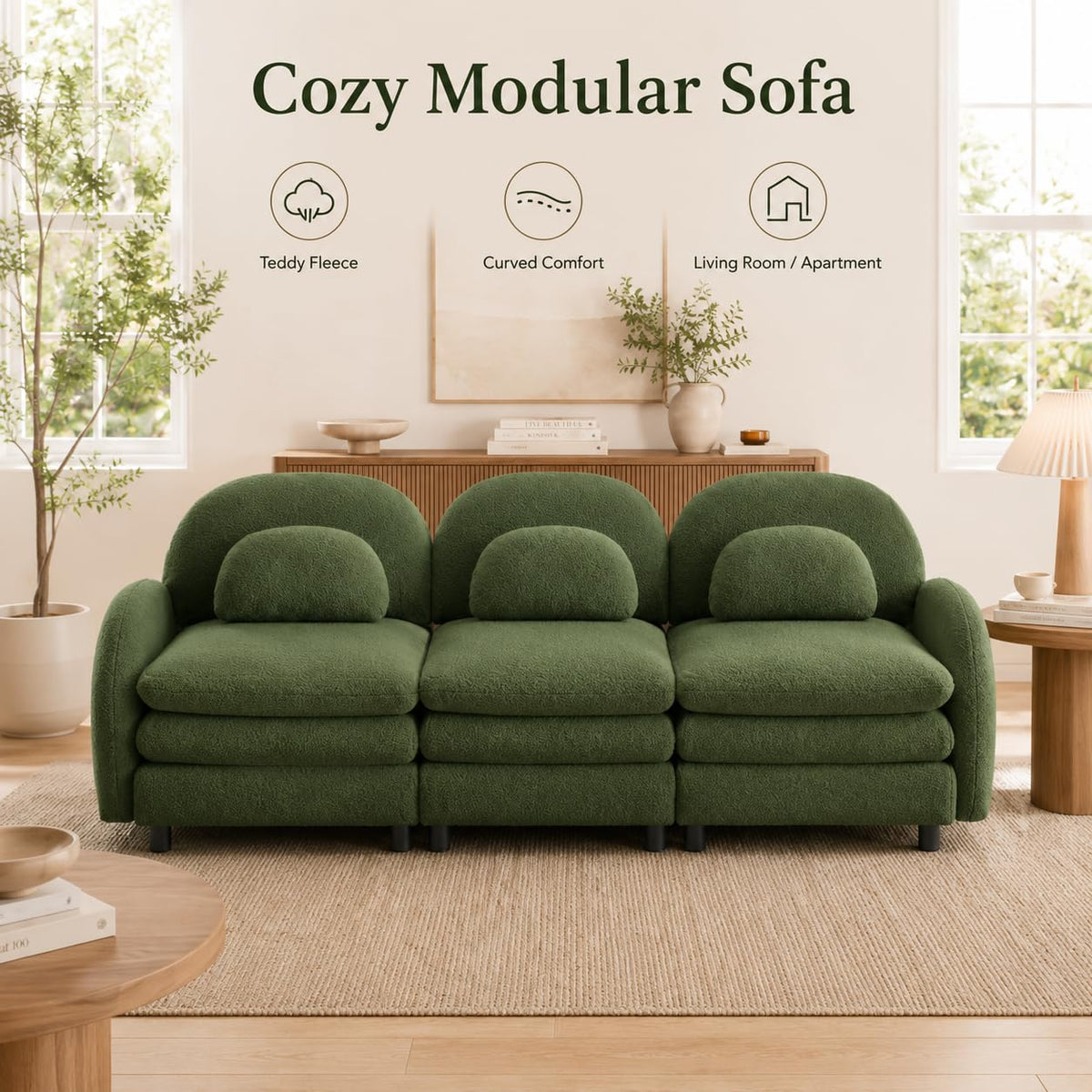 Teddy Fleece 3-Seat Modular Sofa with Curved Back and Double Cushions