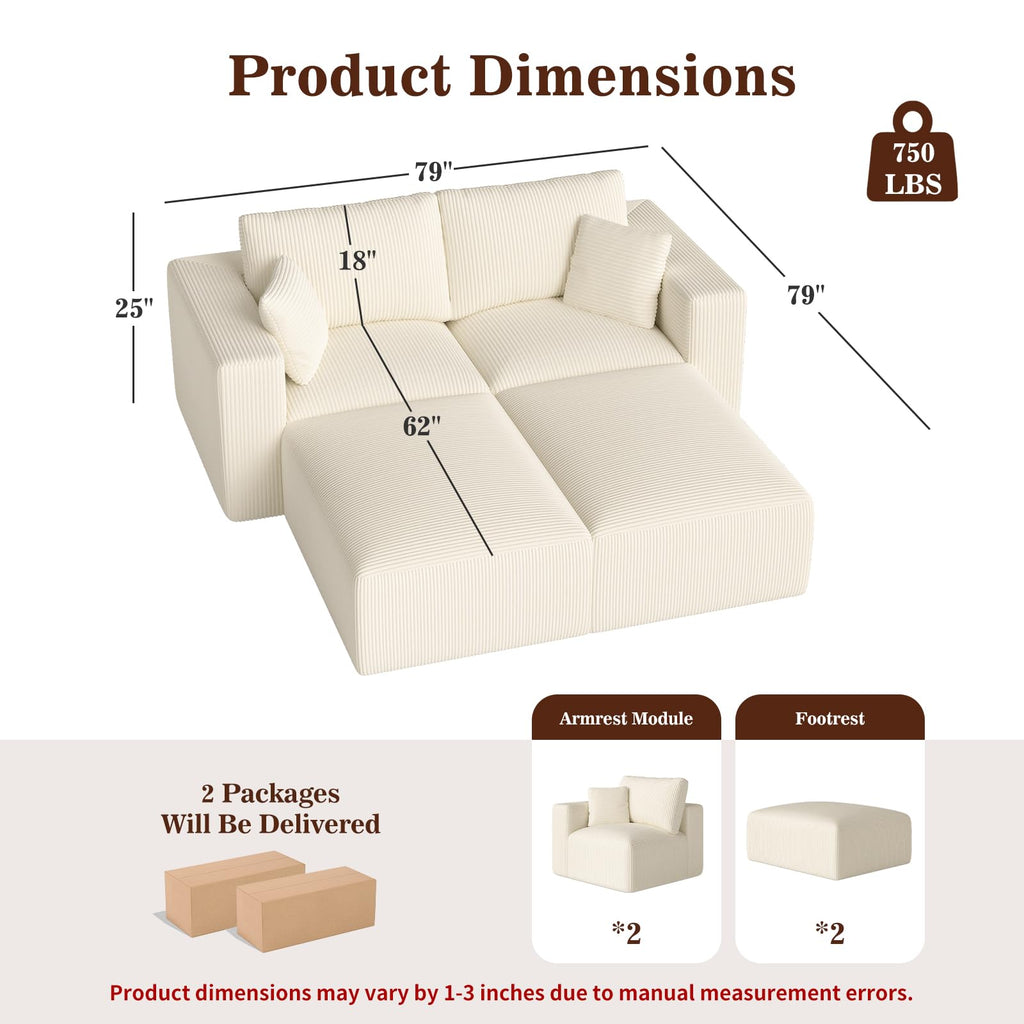 79" Modular Sectional Sofa, Cloud Couch Loveseat Memory Foam Boneless Couch with Chaise, Cozy Upholstered Corduroy Floor Couch, No Assembly Required Living Room Furniture for Apartment, Beige