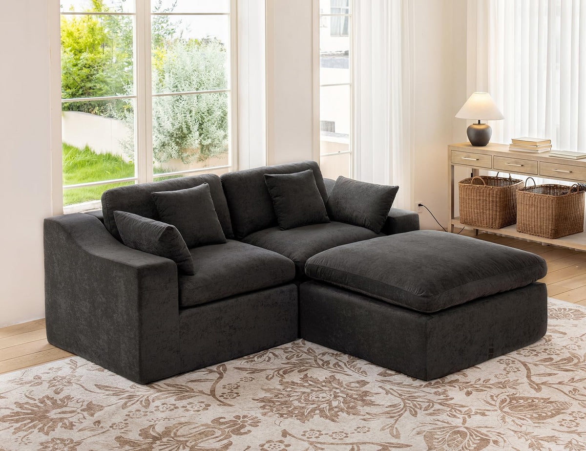 120" Cloud Sectional Couches -Oversized Modern Modular Sofa with Curved Handrail, Convertible L-Shape Couch with Ottoman,4 Chenille Seater Modular Sectional Sofa for Living Room,White