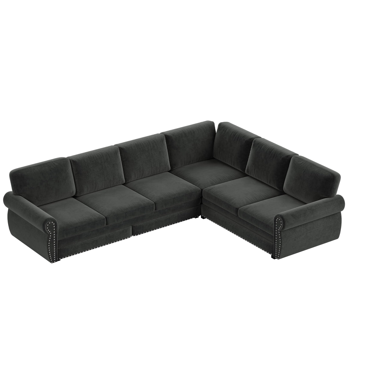 118'' Pull Out Couch, Convertible Sleeper Sofa Bed, Upholstered Sectional Sofa, Chenille L-Shaped Couch with Nailhead Trim, Modern Sectional Couches for Living Room, Apartment, Dark Grey
