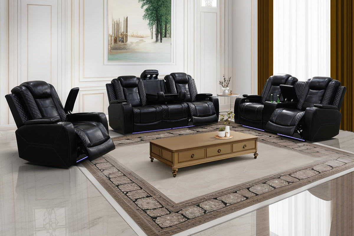 A Ainehome Power Leather Recliner Sofa Set with LED Lights, Recliner Sofa Sectional Couches for Living Room, Reclining Sofa, loveseat, Chair with USB Port/Storage Console/Cup Holder(black,3-piece set)