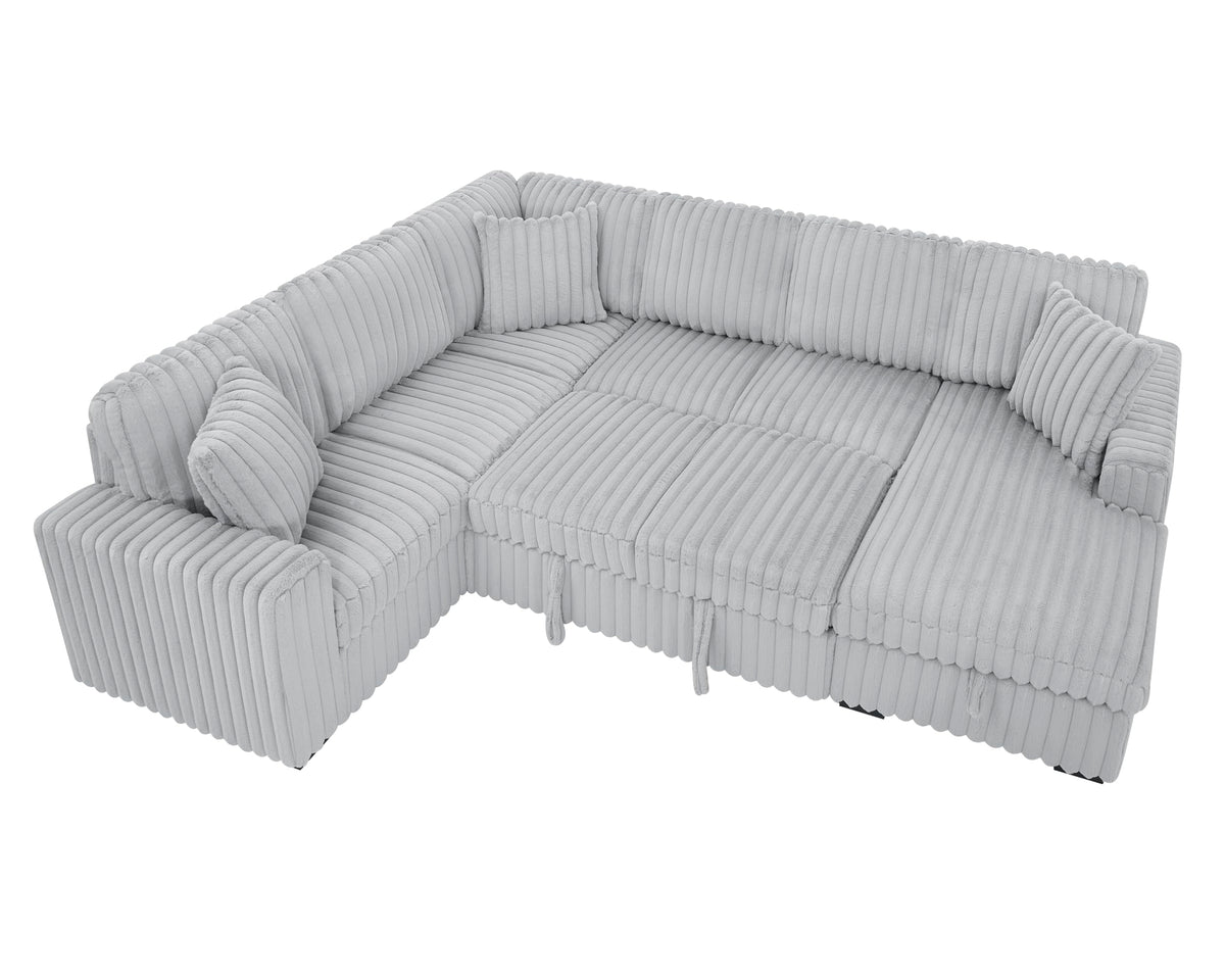 122 Inch Pull Out Couch, Rabbit Plush Fabric Sofa Bed with USB Ports, Oversized U Shape Sectional Sleeper Sofa Bed with Storage Chaise, Grey
