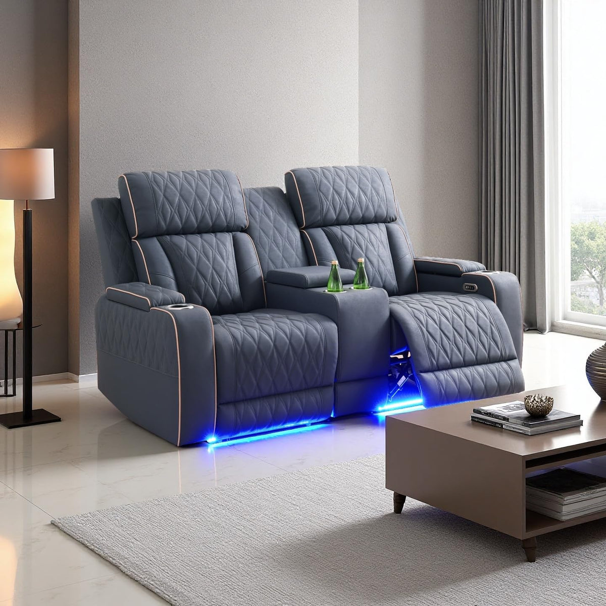 A Ainehome Power Leather Recliner Sofa Set with LED Lights, Recliner Sofa Sectional Couches for Living Room, Reclining Sofa, loveseat, Chair with USB Port/Storage Console/Cup Holder(black,3-piece set)