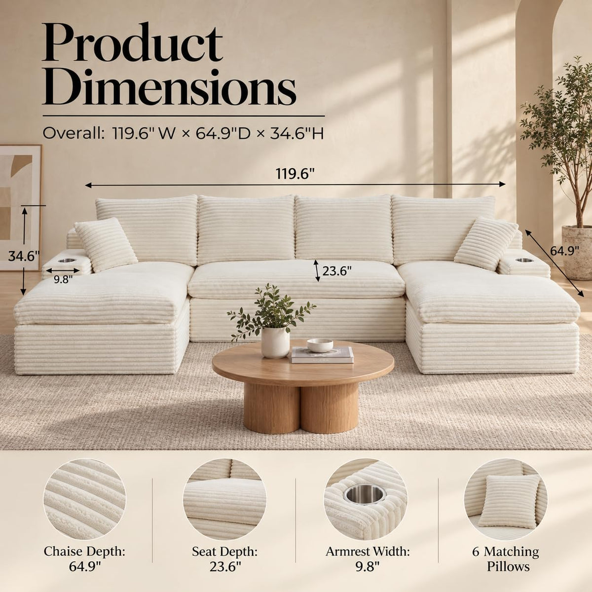 120" U Shaped Sectional Couches for Living Room, Modular Sofas