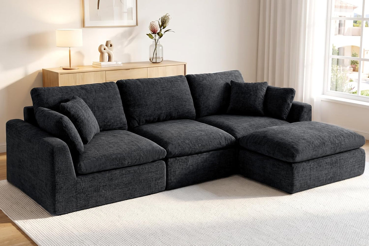 127" Cloud Sofa, U-Shape 3-Seater Modular Couch with 2 Ottomans, Black