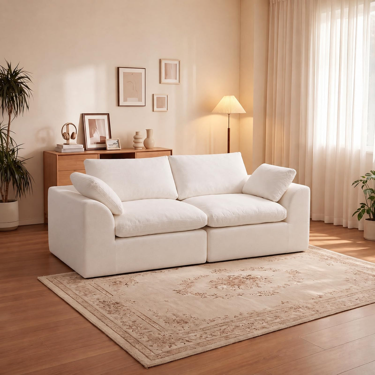 108" Boneless Cloud Couch, Modular L-Shaped Sectional with Ottoman, Beige